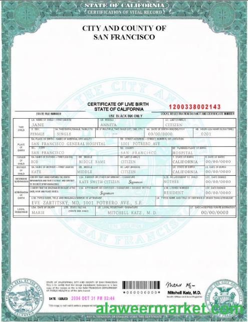 USA California state birth certificate template in PSD format